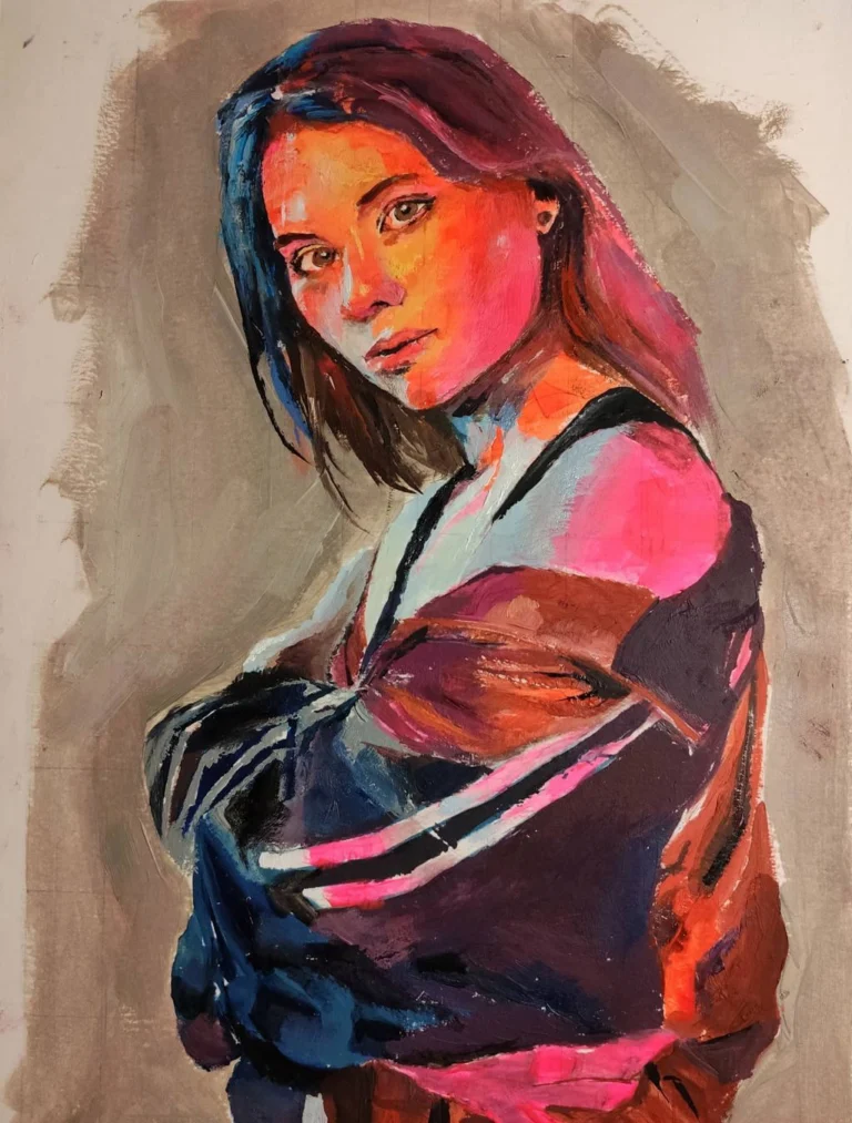 Oil portrait of a young woman in a black track jacket with pink stripes
