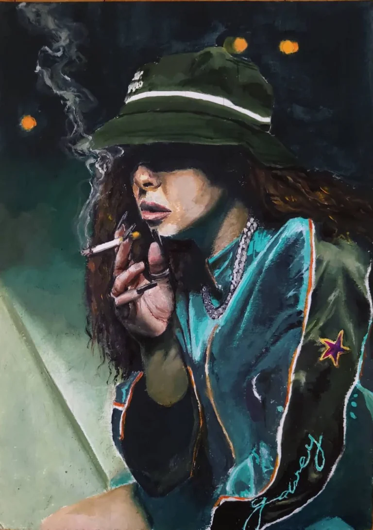 Oil portrait of a woman in a green bucket hat smoking a cigarette at night