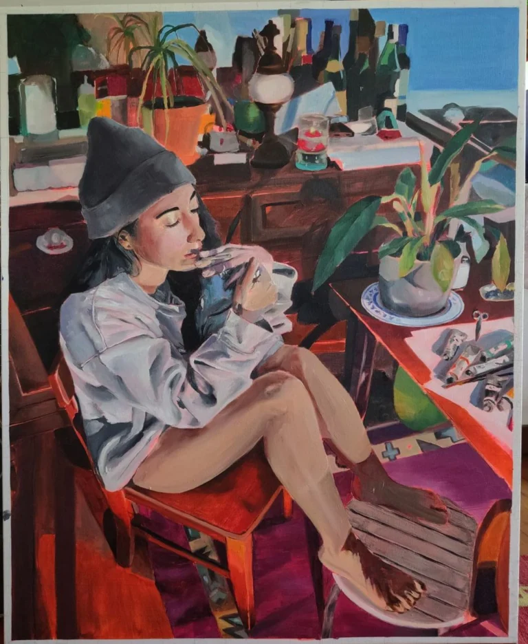 Oil painting of a young woman in a grey beanie drinking from a cup, sitting in a room full of plants