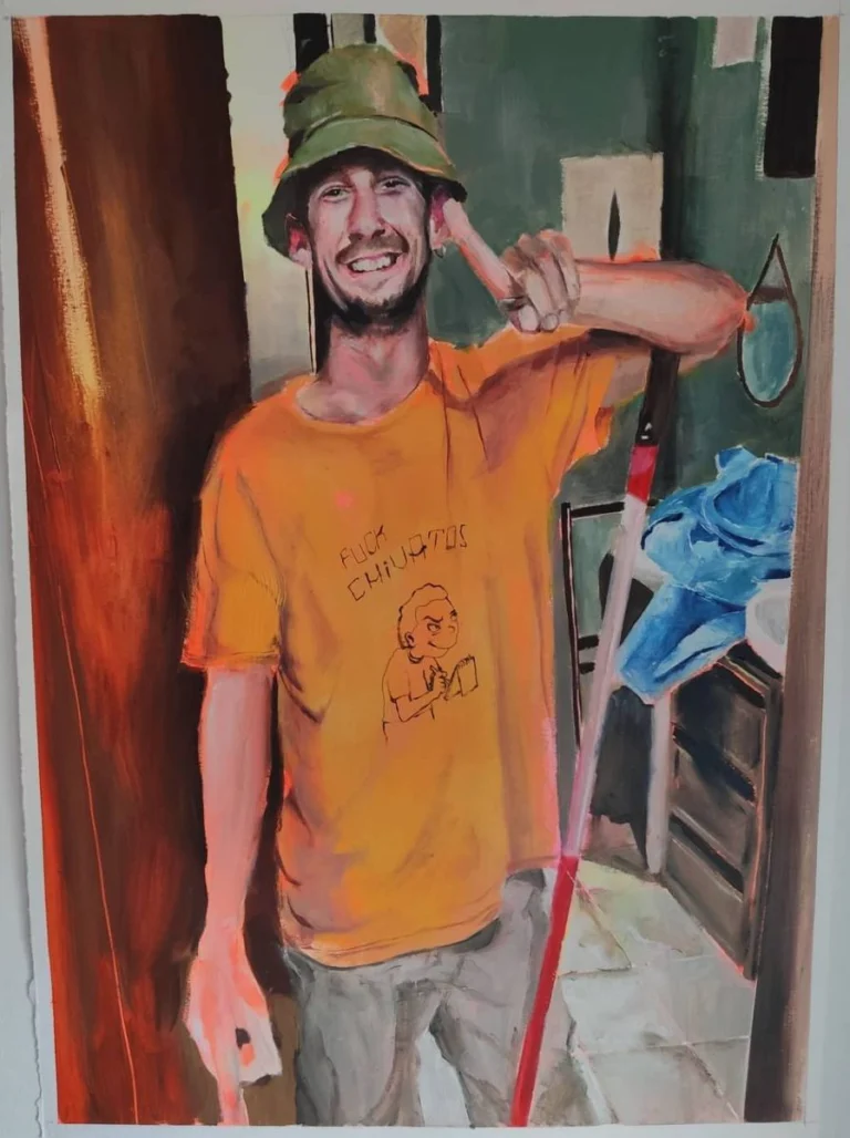 Oil painting of a smiling man in a bucket hat and orange T-shirt leaning in a doorway