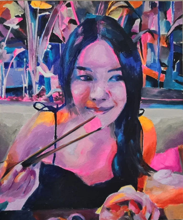 Oil portrait of a smiling woman holding chopsticks, in vivid pink and blue