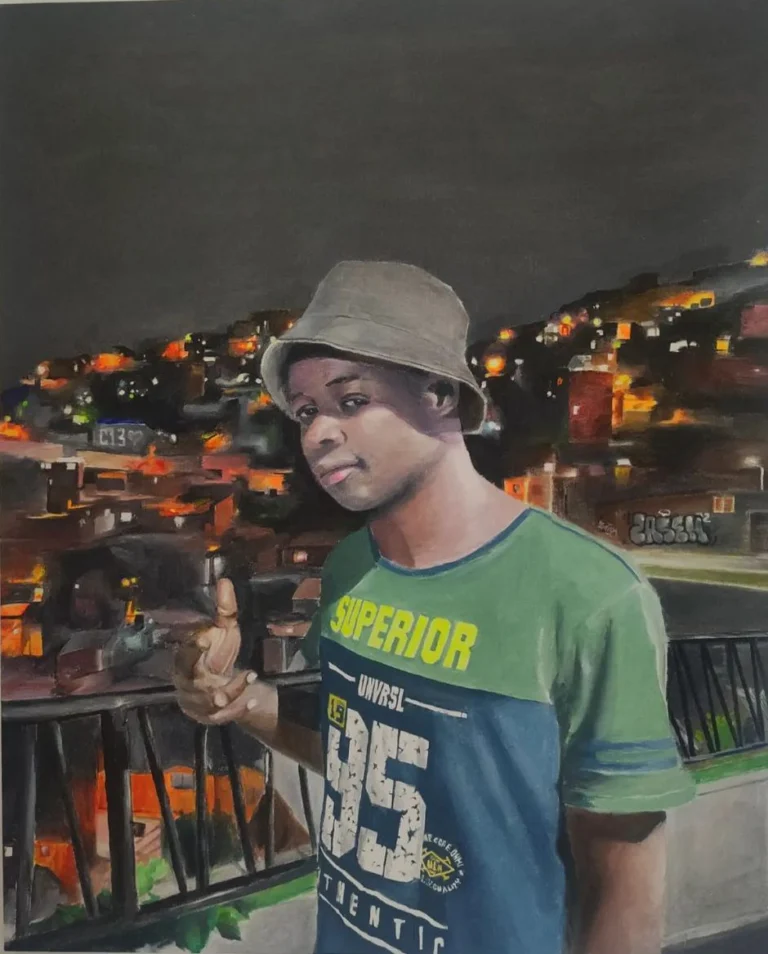 Oil painting of a young man in a bucket hat on a balcony overlooking a city at night