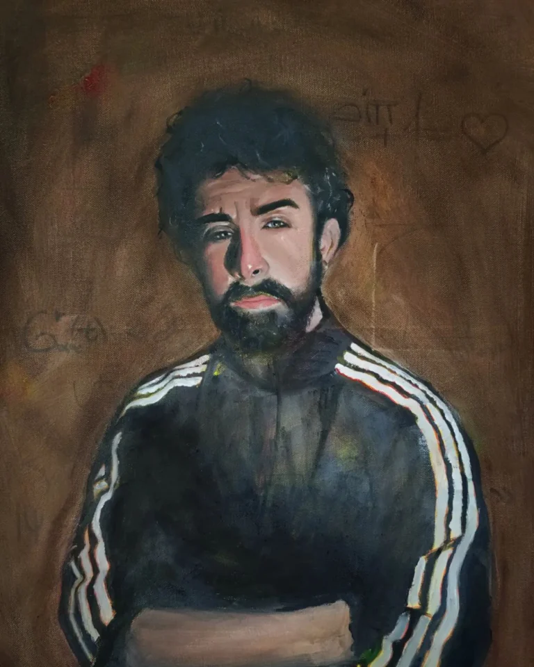 Oil portrait of a bearded man in a black track jacket on a brown background