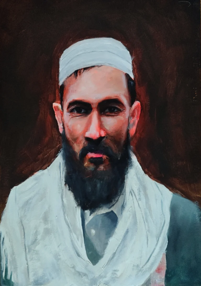 Oil portrait of a bearded man in a white cap and white scarf on a dark background
