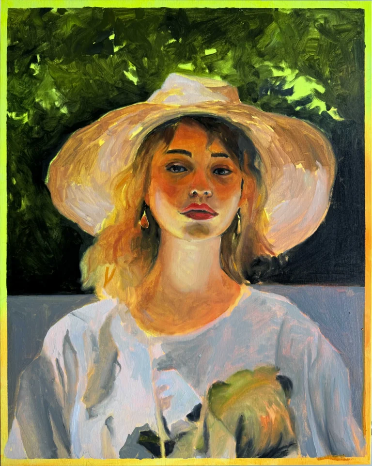 Oil portrait of a young woman in a straw hat in dappled sunlight