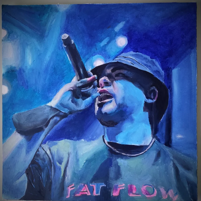 Oil painting of a rapper singing into a microphone under blue stage light