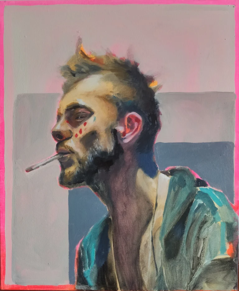 Oil portrait of a young man in profile with a cigarette in his mouth and red marks on his cheek, on a pink background