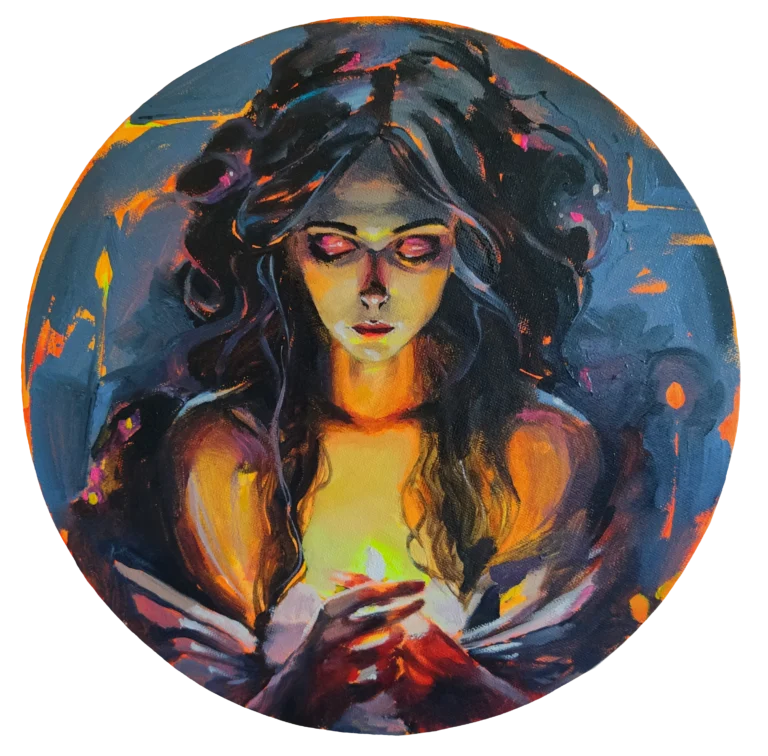 Round oil painting of a woman with glowing eyes holding a light between her hands