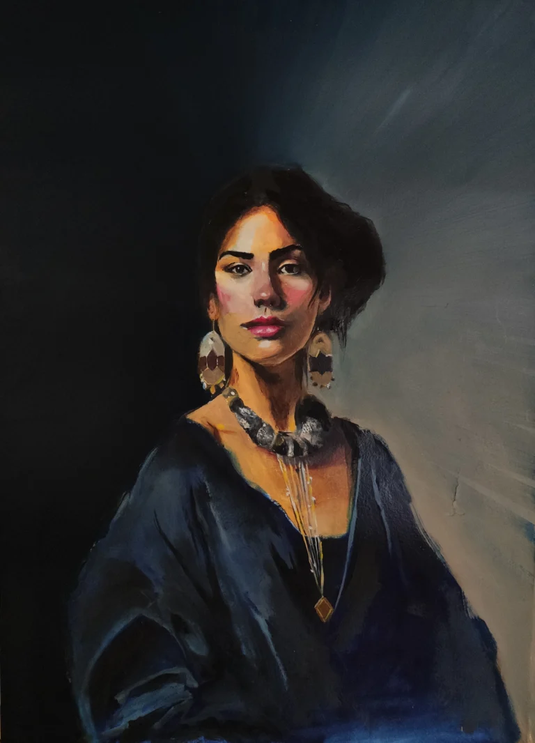 Oil portrait of a woman with large earrings and a necklace, in a dark blue blouse