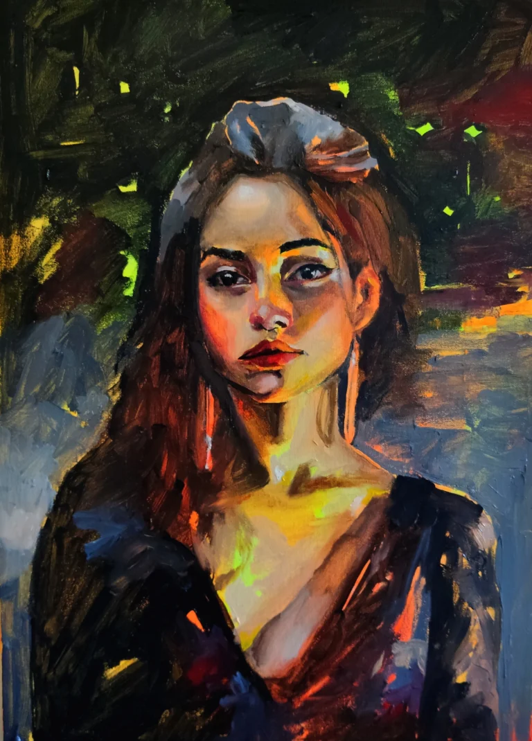 Oil portrait of a young woman with a headscarf and loose dark hair, lit in warm tones against dark greenery