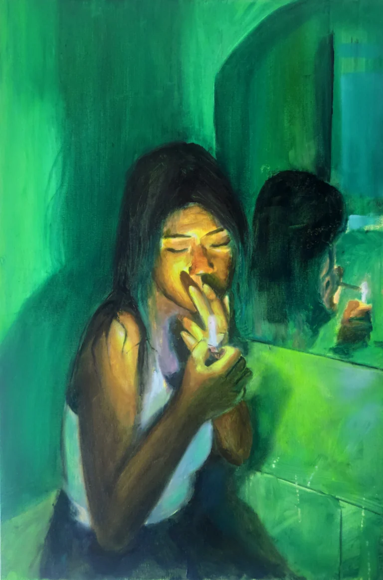Oil painting of a woman lighting a cigarette in a green-lit room, reflected in a mirror
