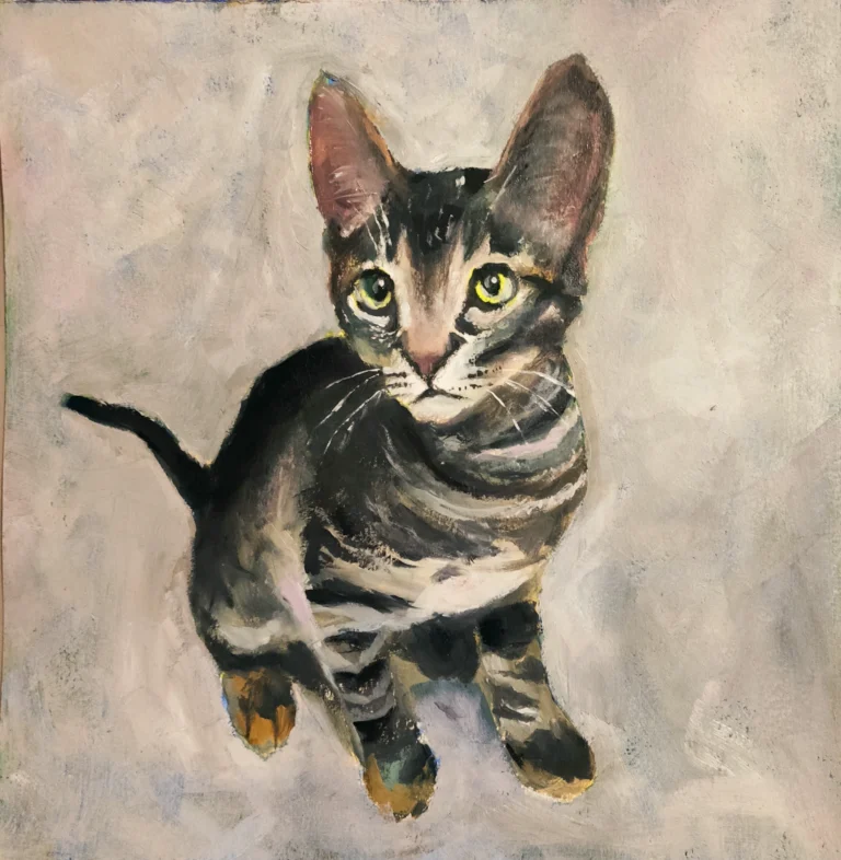 Oil painting of a tabby kitten seen from above