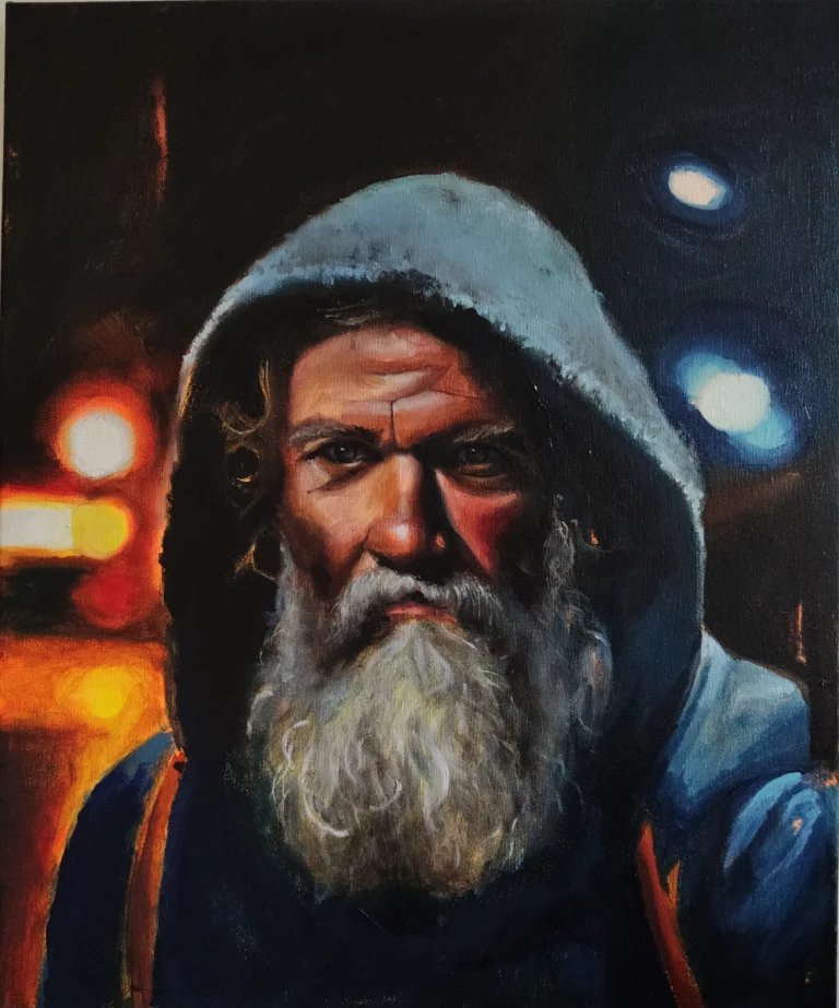 Oil portrait of an old bearded man in a grey hood against blurred night city lights