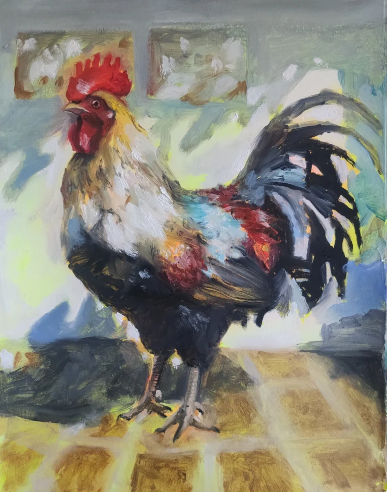 Oil painting of a rooster standing on a tiled floor