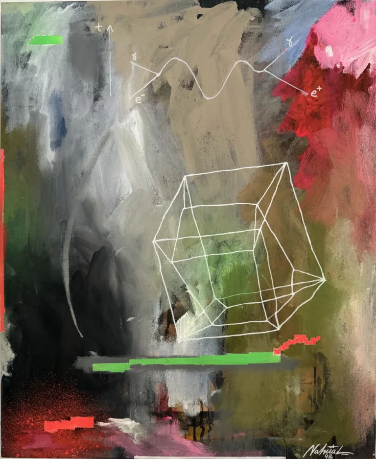 Abstract oil painting with a white wireframe hypercube and hand-drawn wave sketches over grey, green and red brushstrokes