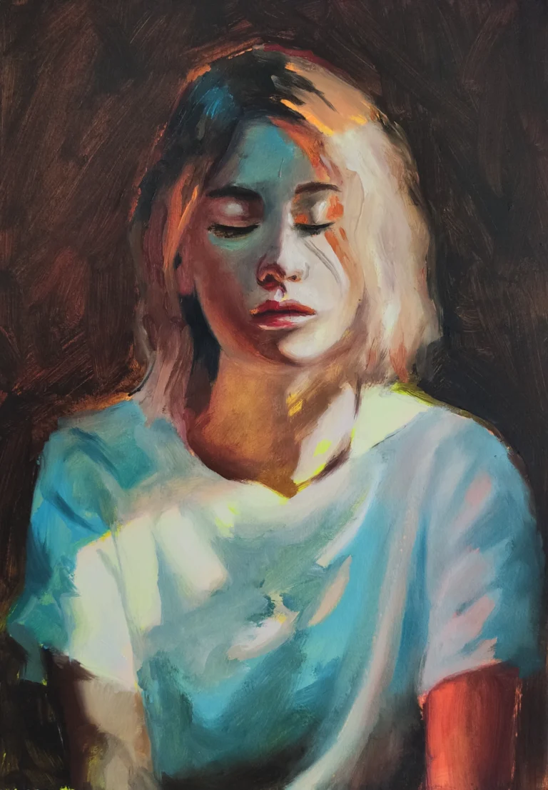 Oil portrait of a blonde woman with her eyes closed, in cool blue light and warm shadow