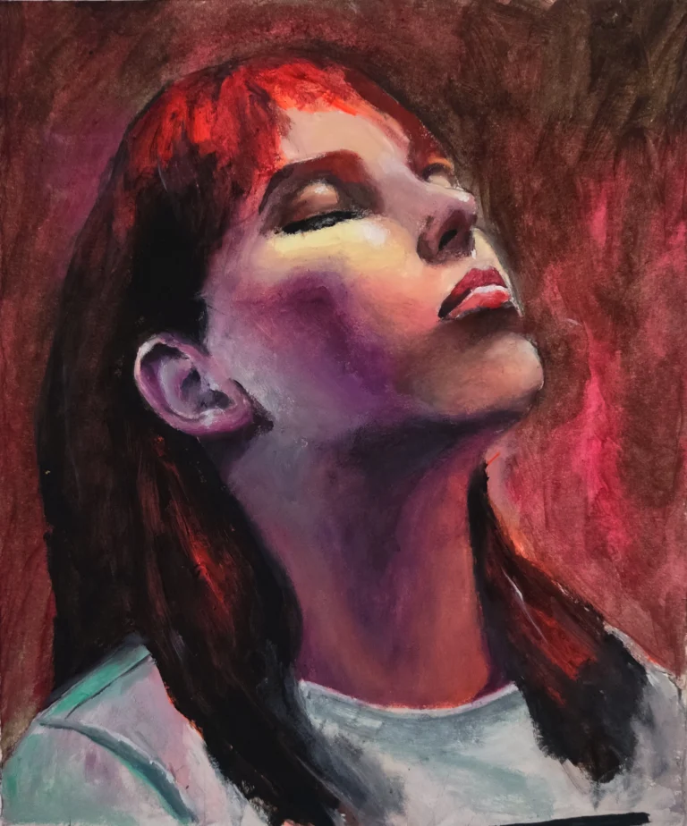 Oil painting of a red-haired woman with her eyes closed and face tilted upward