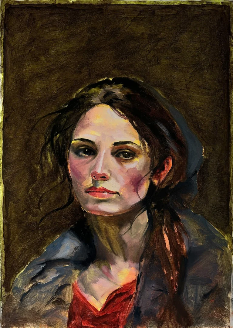 Oil portrait of a young woman with loose brown hair on a dark ochre background