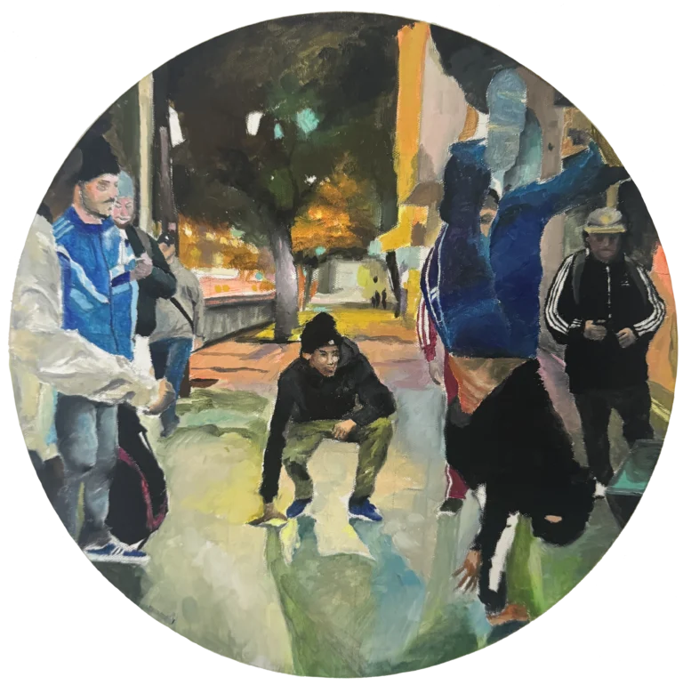 Round oil painting of breakdancers on a city street at night