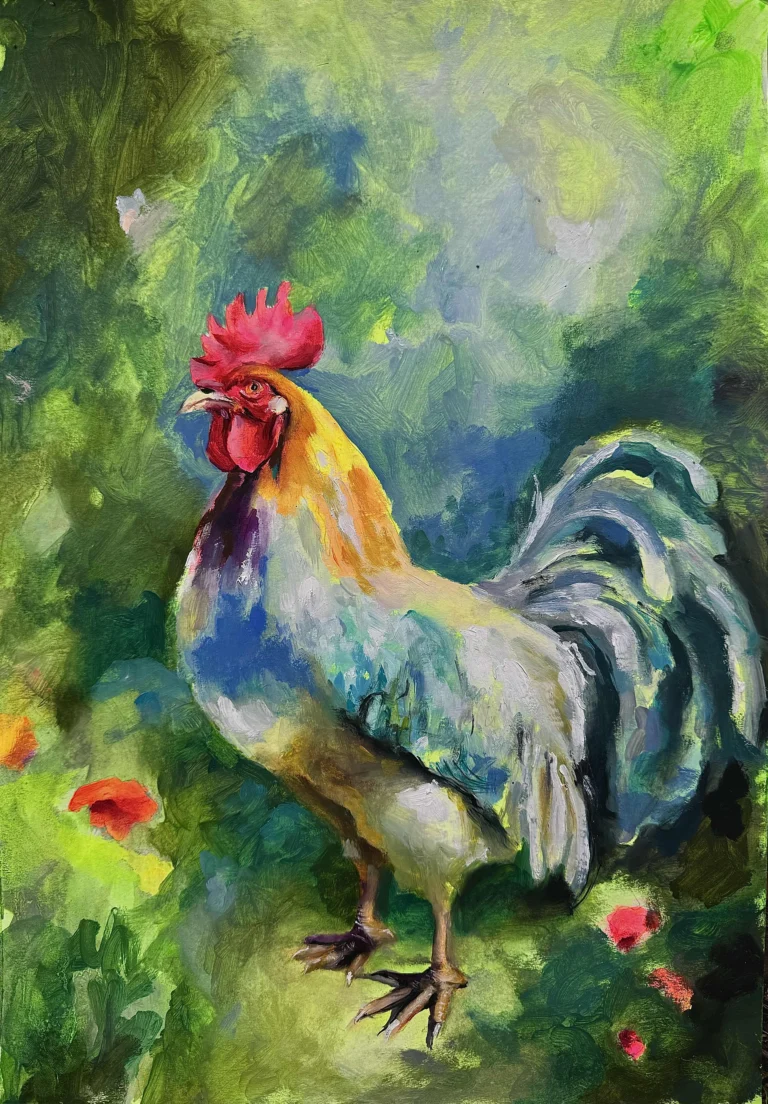Oil painting of a colourful rooster in a green garden