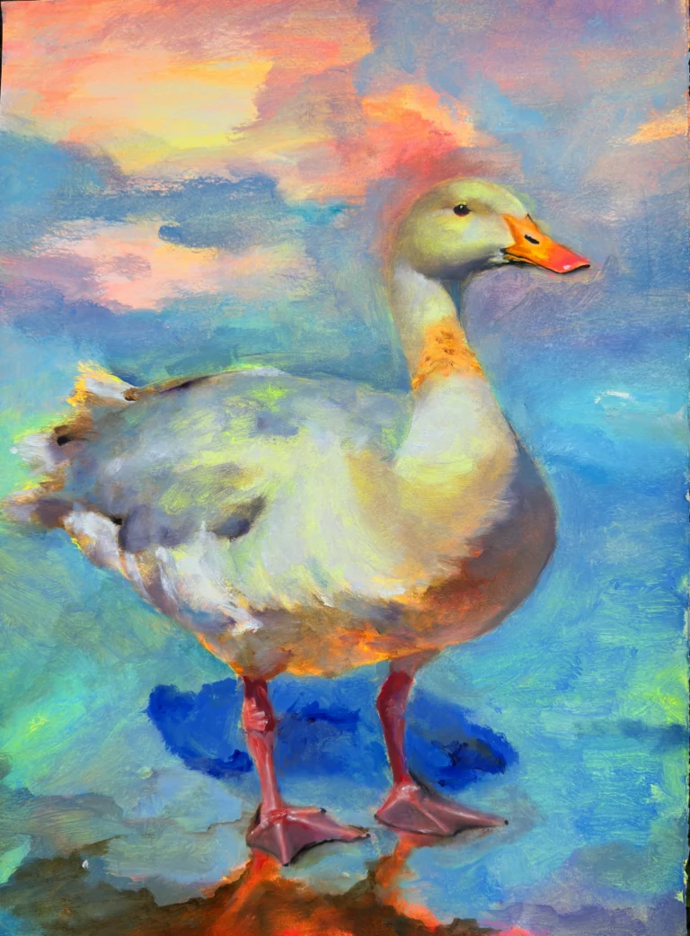 Oil painting of a white goose against a pastel sky