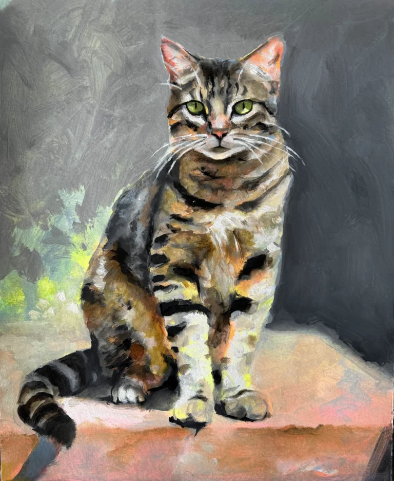 Oil painting of a tabby cat sitting on a ledge