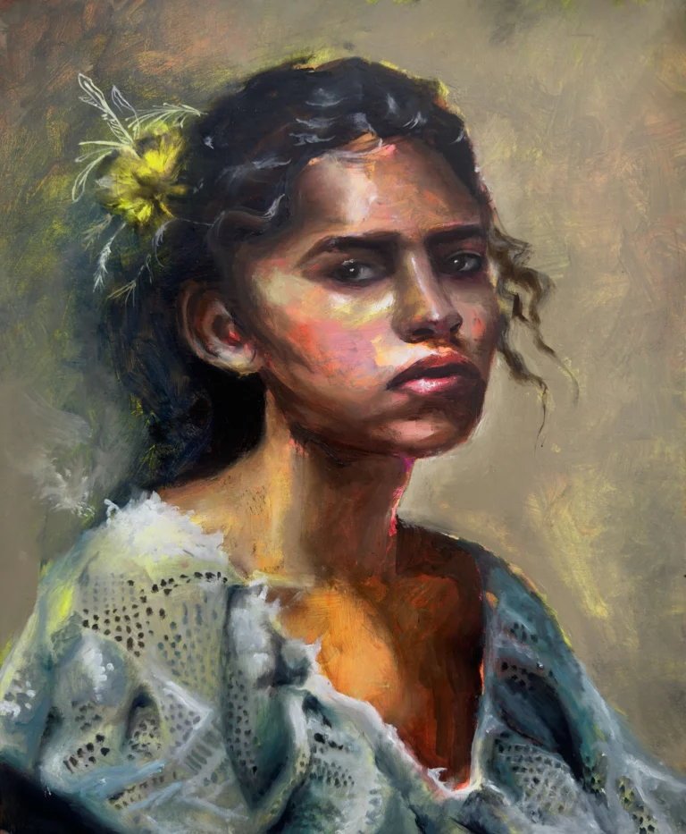 Oil portrait of a young woman with a yellow flower in her hair and a lace shawl