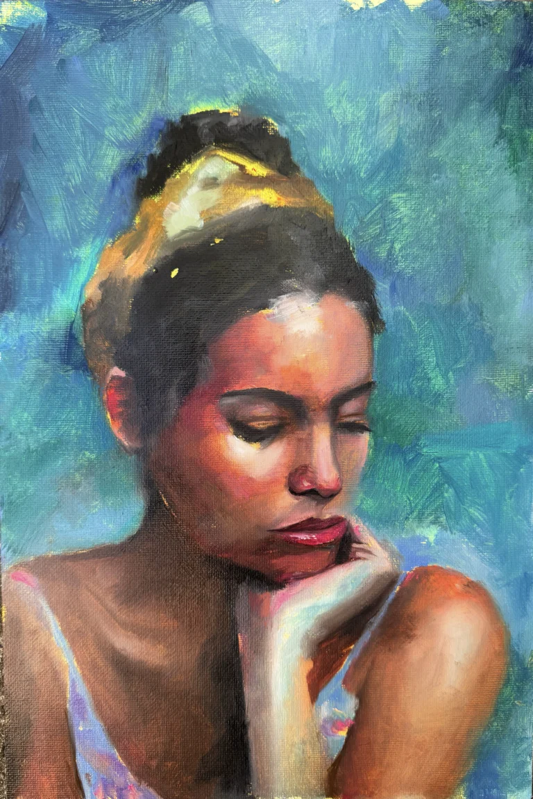 Oil portrait of a pensive woman resting her chin on her hand against a turquoise background