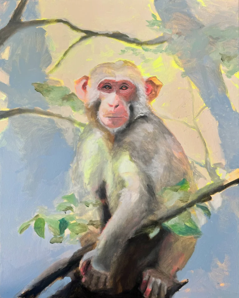 Oil painting of a macaque sitting on a branch