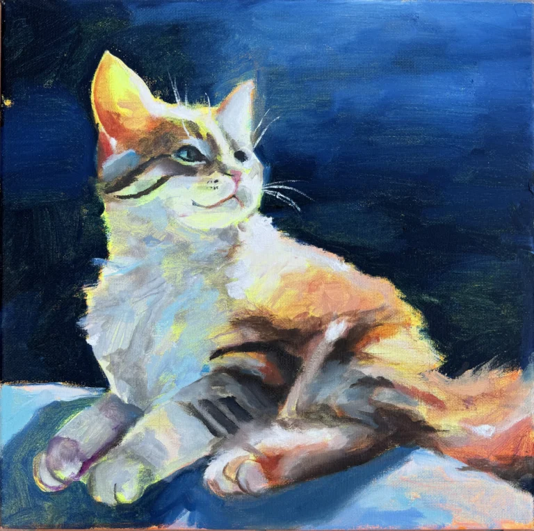 Oil painting of a ginger and white cat lying against a dark blue background