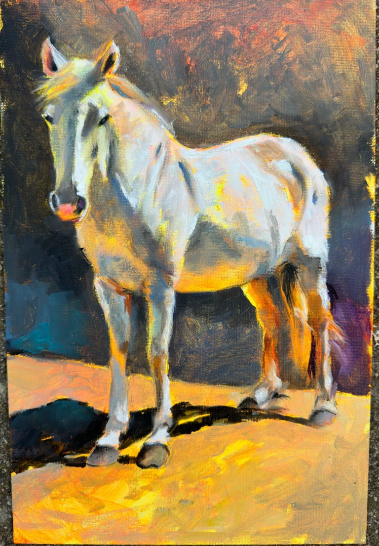 Oil painting of a white horse standing in warm sunlight