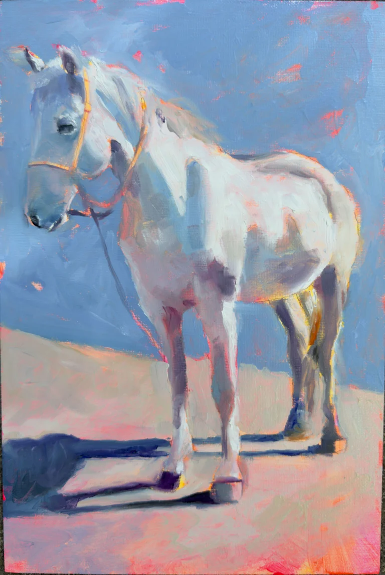 Oil painting of a white horse wearing a halter against a blue background