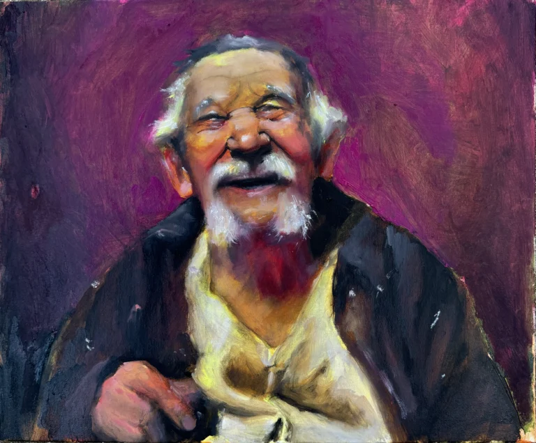 Oil portrait of a smiling old man with a white beard on a purple background