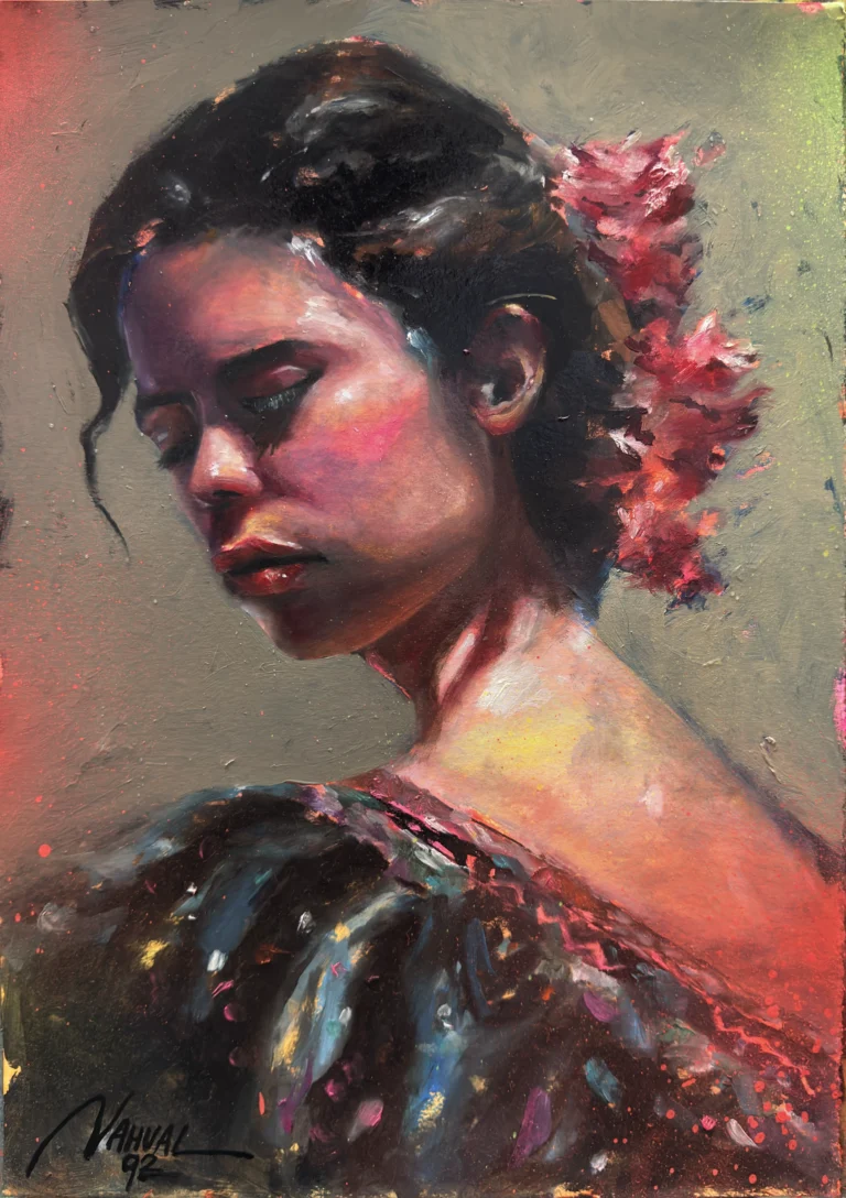 Oil portrait of a woman looking down with red flowers in her hair