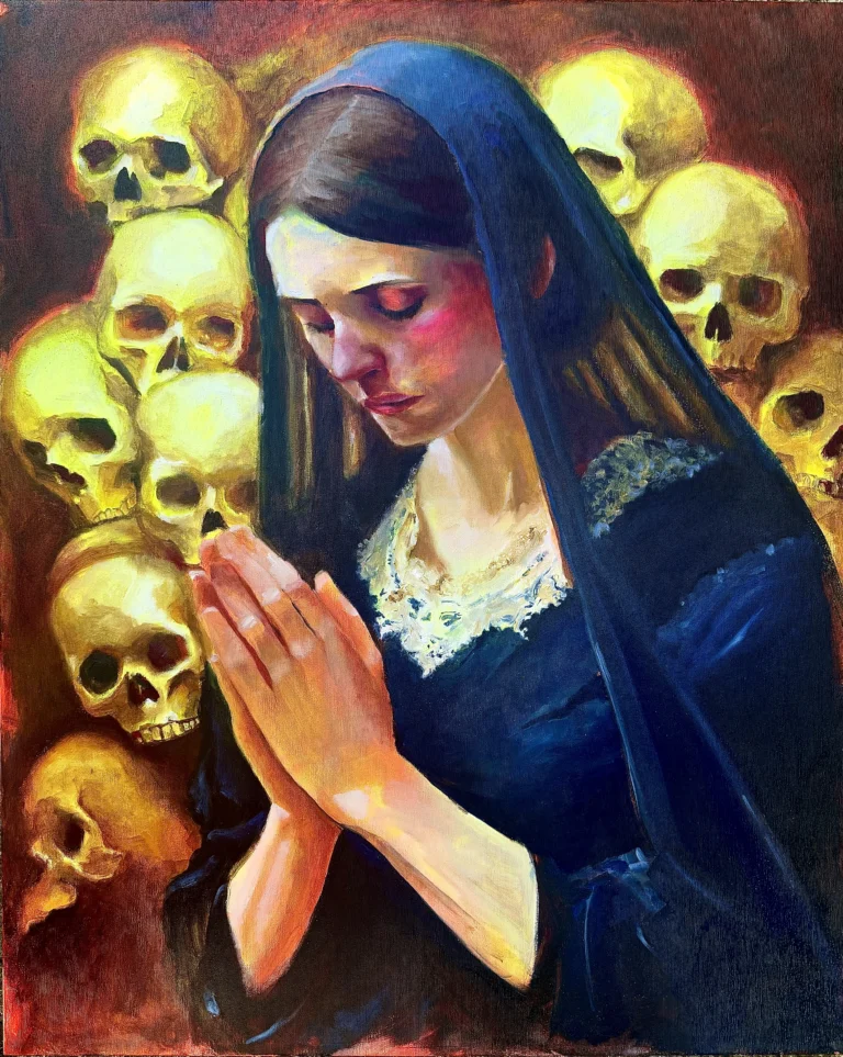 Oil painting of a woman in a blue veil praying in front of golden skulls