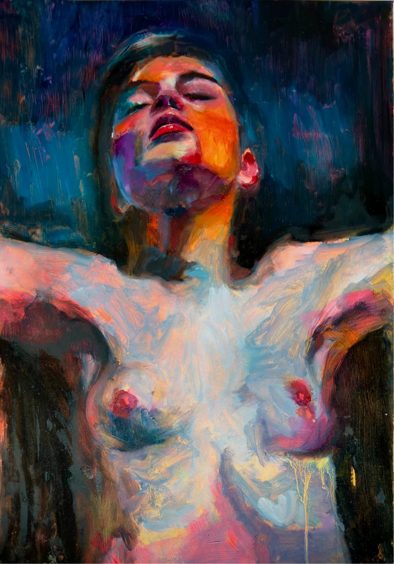 Expressive oil study of a nude woman with her head tilted back and arms spread, in blue, pink and orange