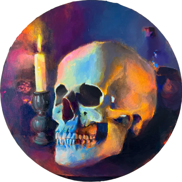 Round oil painting of a skull beside a lit candle
