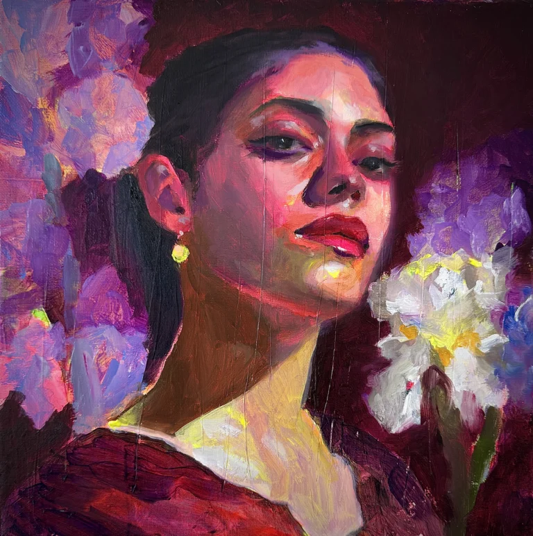 Oil portrait of a woman with a gold earring beside white irises, in magenta and violet tones