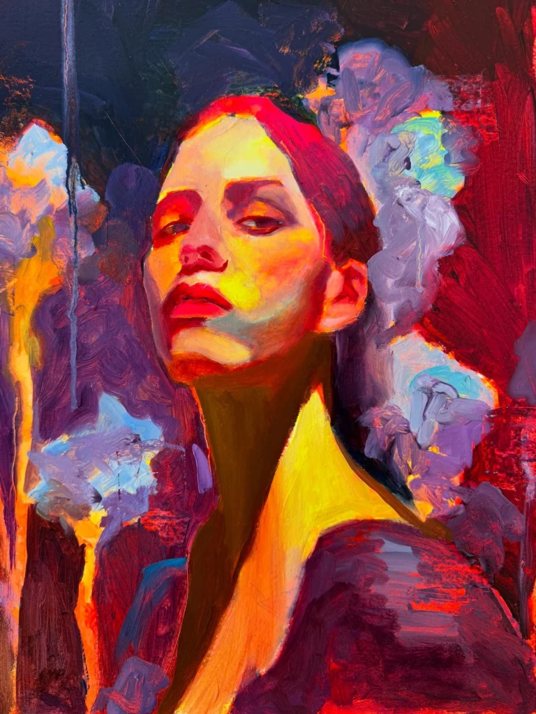 Oil portrait of a woman with a red headscarf among flowers, in vivid red, yellow and violet