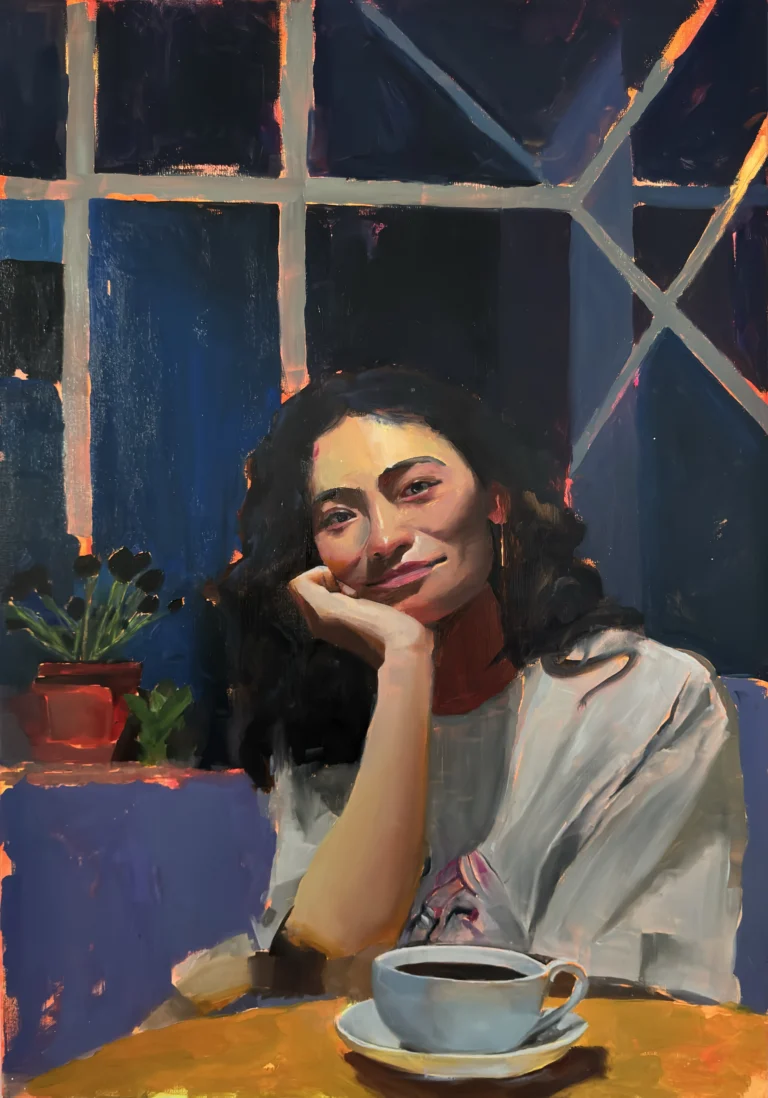 Oil painting of a smiling woman resting her chin on her hand beside a cup of coffee, with a blue window behind her