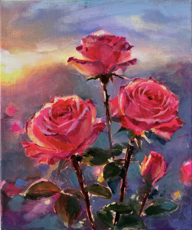 Oil painting of red roses against a sunset sky