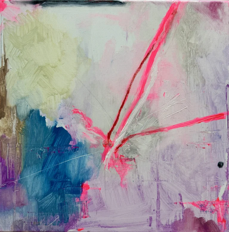 Abstract oil painting with pink and red lines crossing pale lilac, blue and cream brushwork