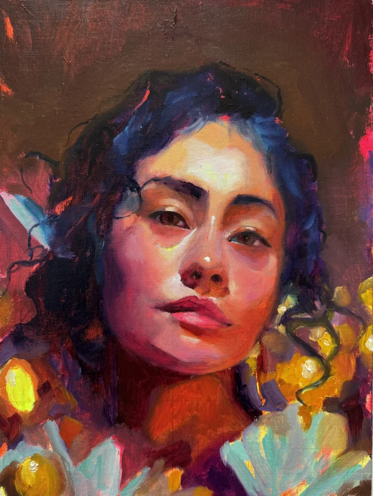 Oil portrait of a young woman with dark curly hair, lit in warm pink and gold tones