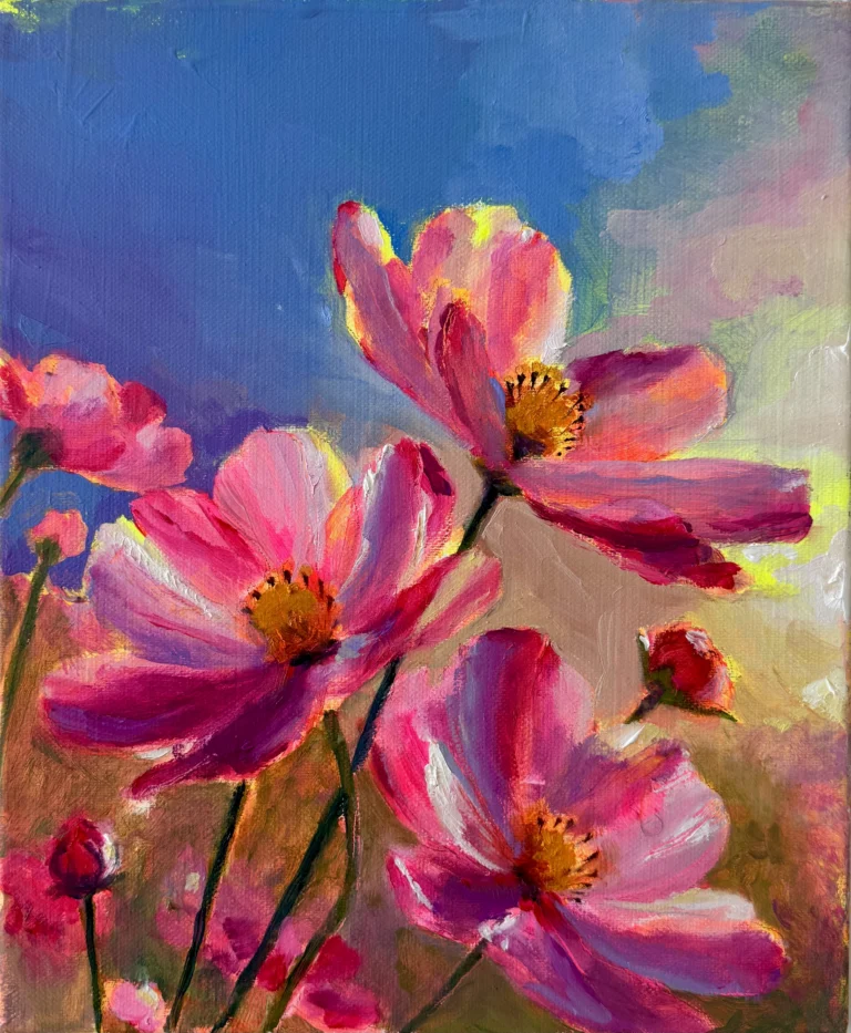 Oil painting of pink cosmos flowers against a blue sky