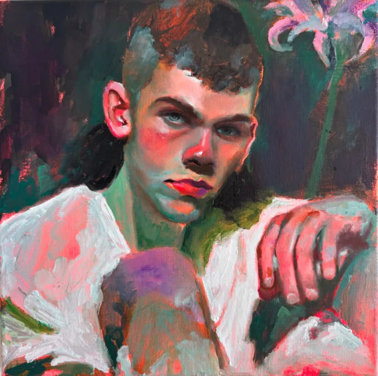 Oil painting of a young man with cropped hair, chin resting on his arm and knee, gazing up from green and violet shadows beside a pale pink lily